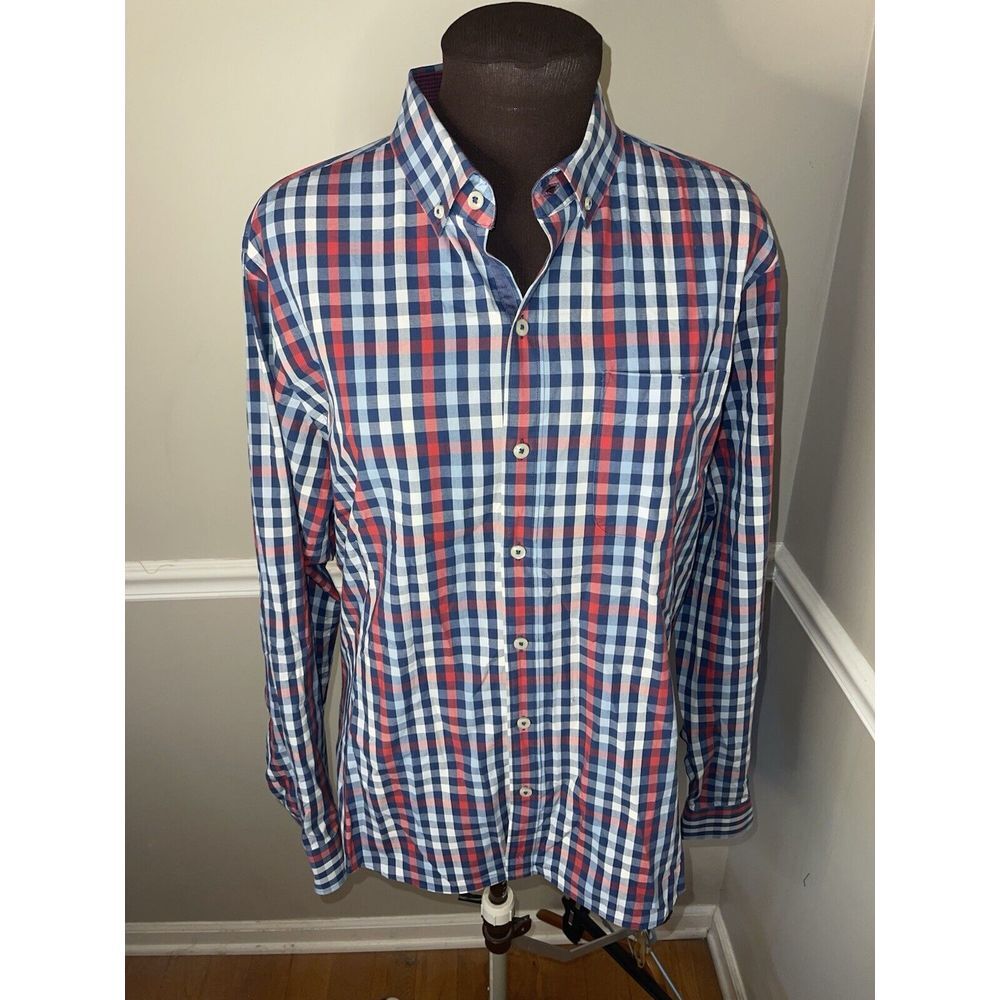 7 Diamonds Mens Plaid Button Down Shirt Sz L Blue Red